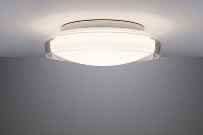 Rund loftlampe i hvidt og klart glas med varmt hvidt LED-lys til opholdsrum