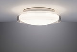 Round ceiling light with white and clear glass featuring warm white LED for living spaces