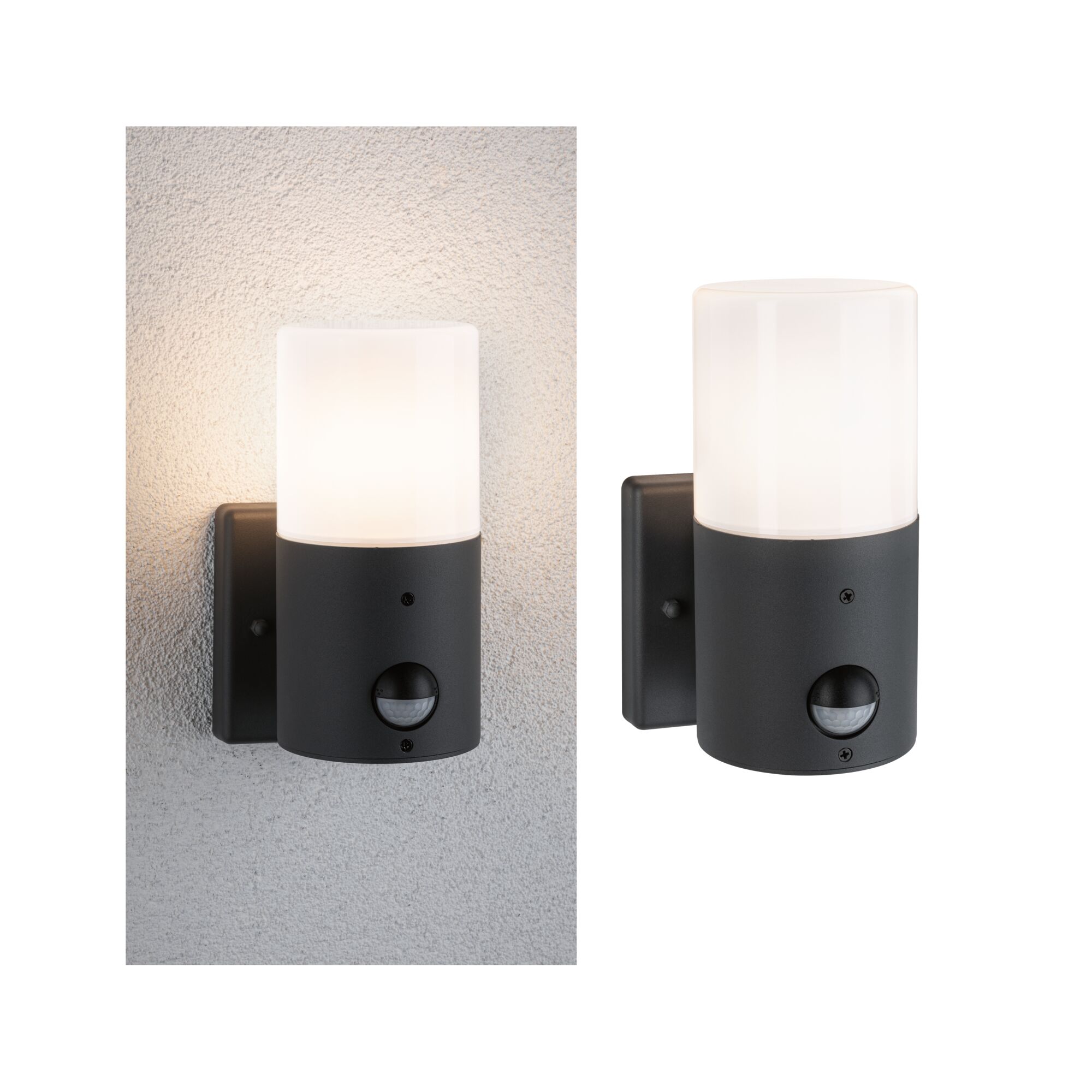 Wandarmaturen voor buiten Tubs Schemergestuurde bewegingsmelder (IR) IP44 rond 105x175mm max. 15W 230V Grijs mat Metaal/Kunststof Zwarte buitenwandlamp met wit glas en bewegingssensor voor tuinverlichting