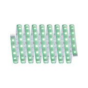 Flexible LED strip light with green LEDs and white backing for decorative lighting