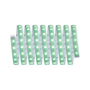Flexible LED strip light with green LEDs and white backing for decorative lighting