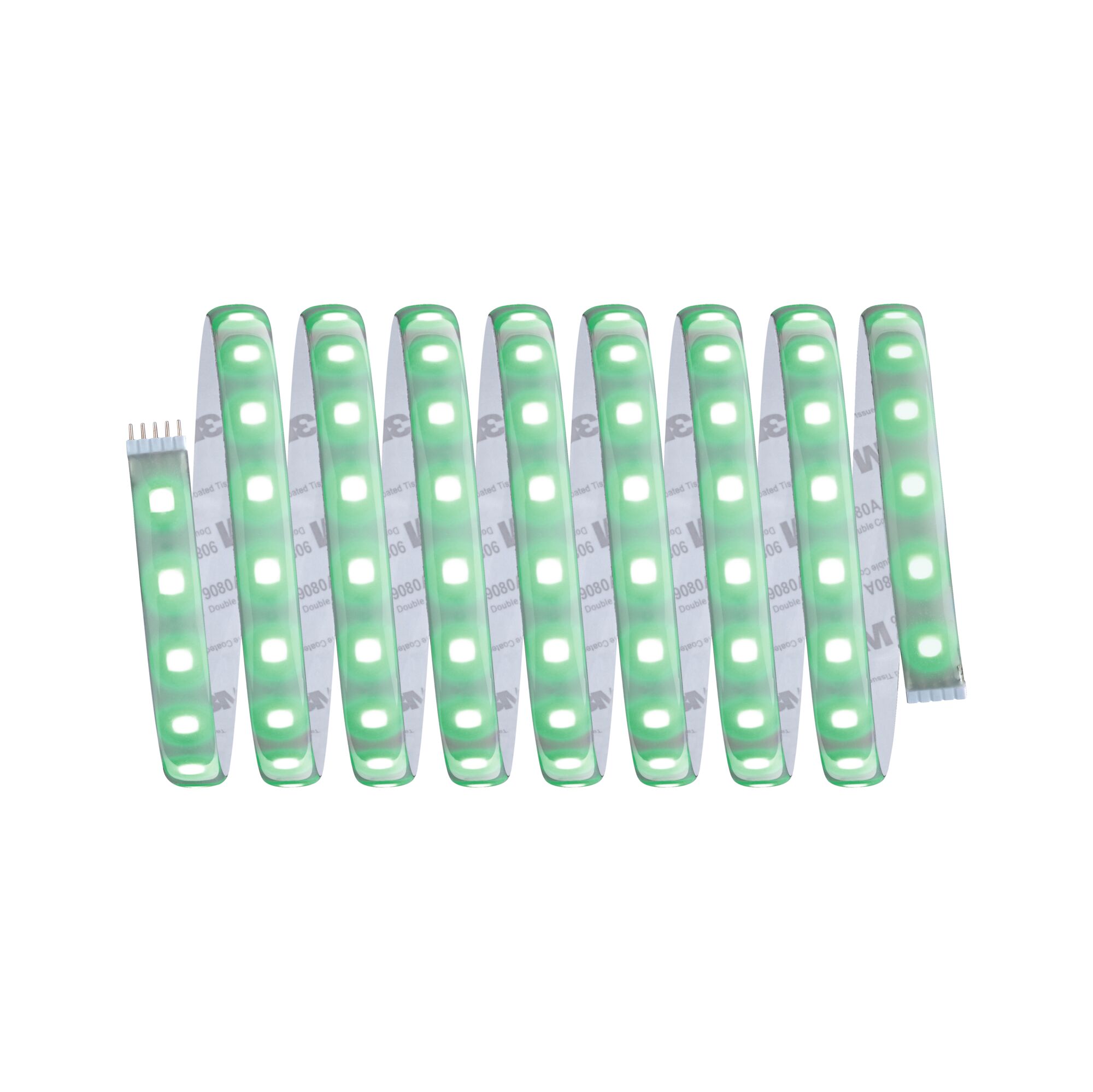 Flexible LED strip light with green LEDs and white backing for decorative lighting