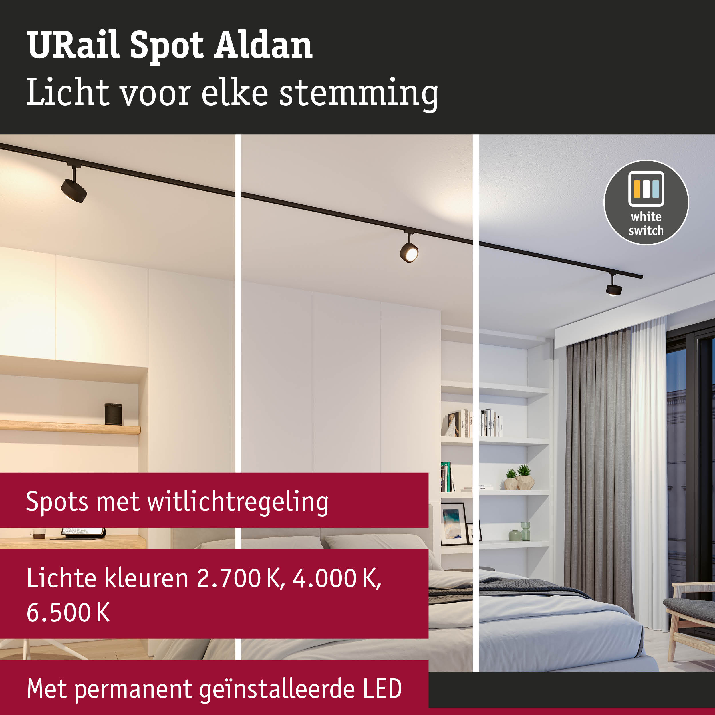Zwarte URail Spot Aldan LED-railverlichting met instelbare helderheid voor woon- en slaapkamer
