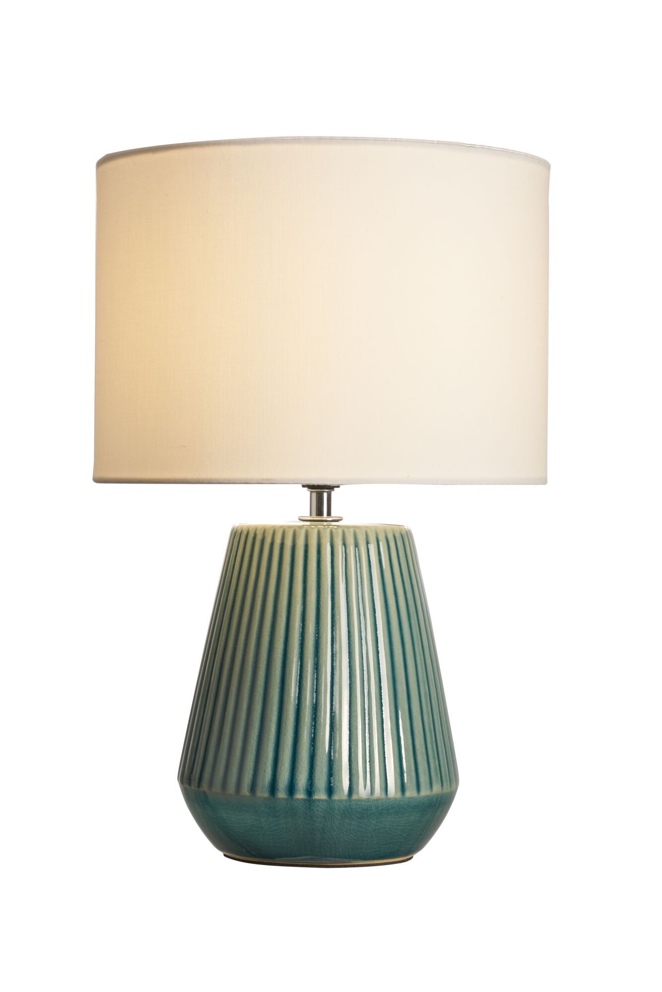 Tafellamp met groene keramische voet en witte stoffen kap, moderne woonverlichting