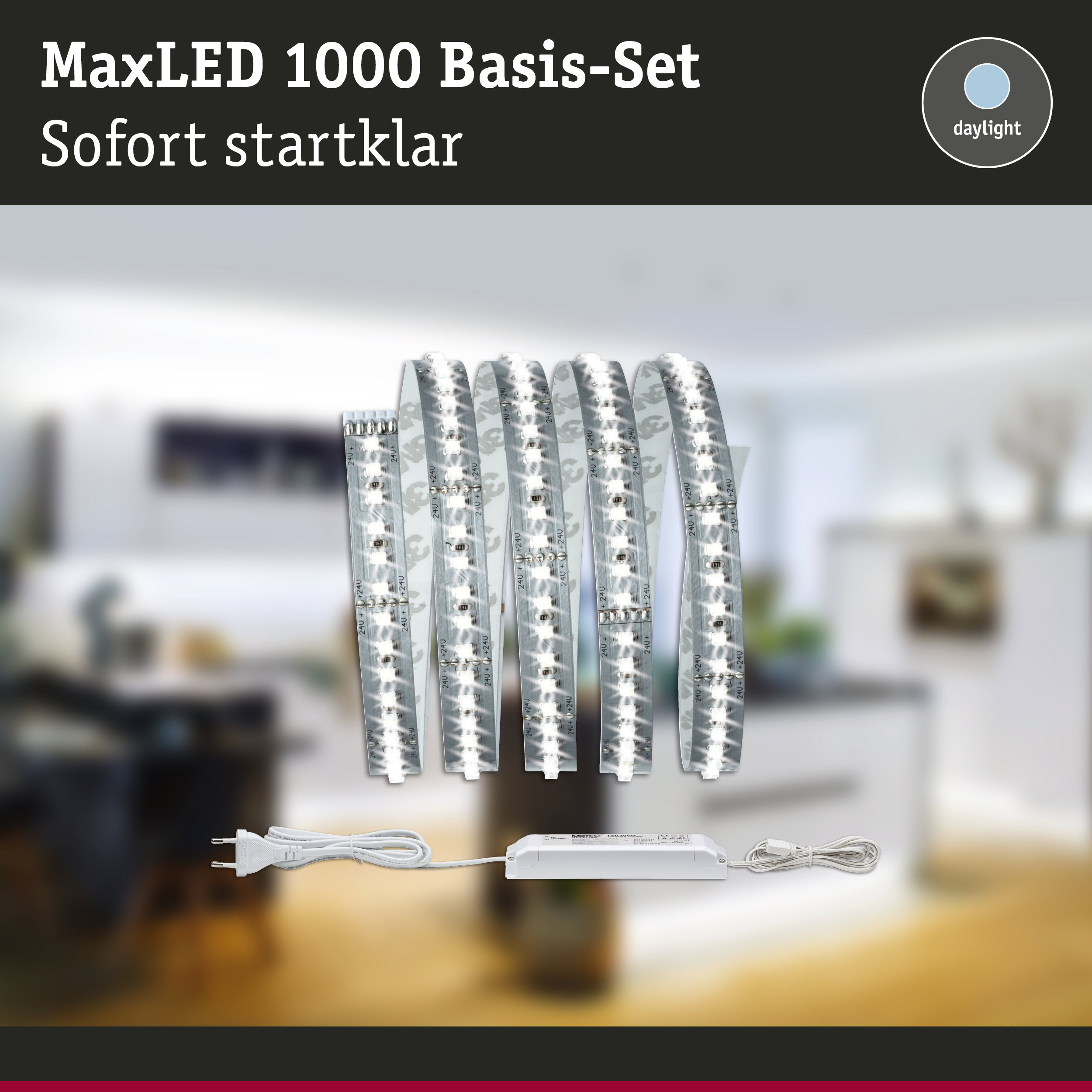 MaxLED 1000 Basis-Set mit flexiblen LED-Streifen in Tageslichtweiß und Netzteil für einfache Installation