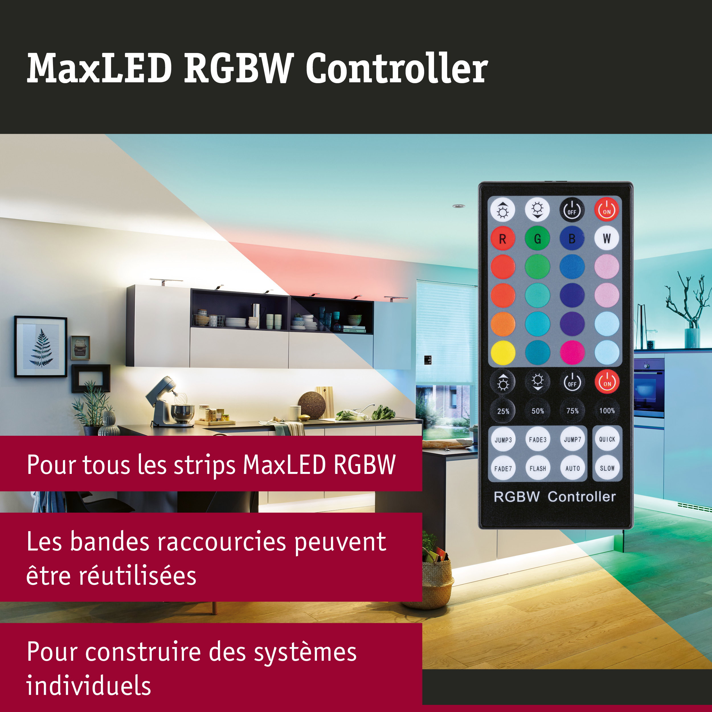 Télécommande MaxLED RGBW pour contrôle des bandes LED avec boutons colorés dans un salon moderne