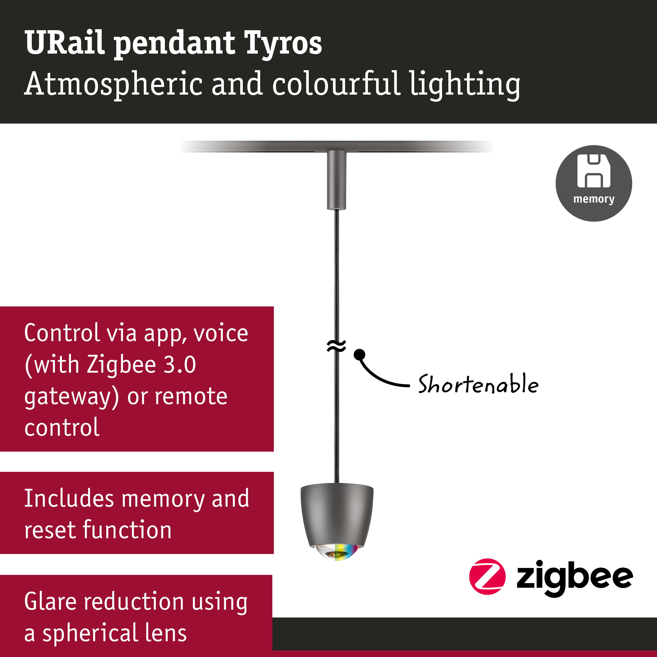 URail Pendants Smart Home Zigbee 3.0 Tyros RGBW 200lm 4,5W RGBW+ dimmable 230V Titanium