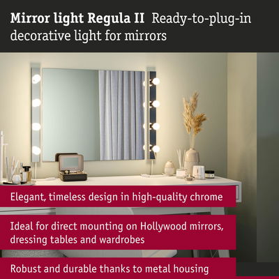 Chrome mirror light Regula II with durable metal housing, perfect for Hollywood mirrors and dressing tables