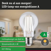 Transparante LED-lamp met warm wit licht en ultra-efficiënte energieverbruik tegen groene bosachtergrond