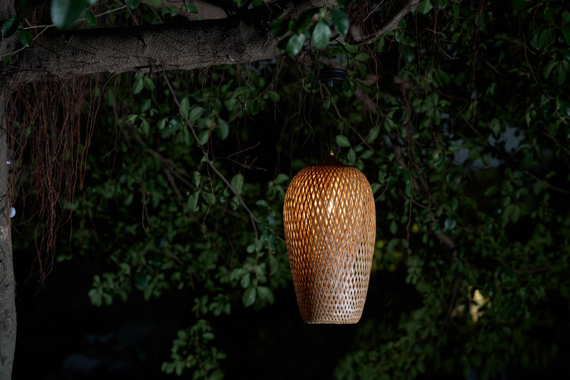 Brown woven wood hanging outdoor lamp with warm light for garden lighting and decor