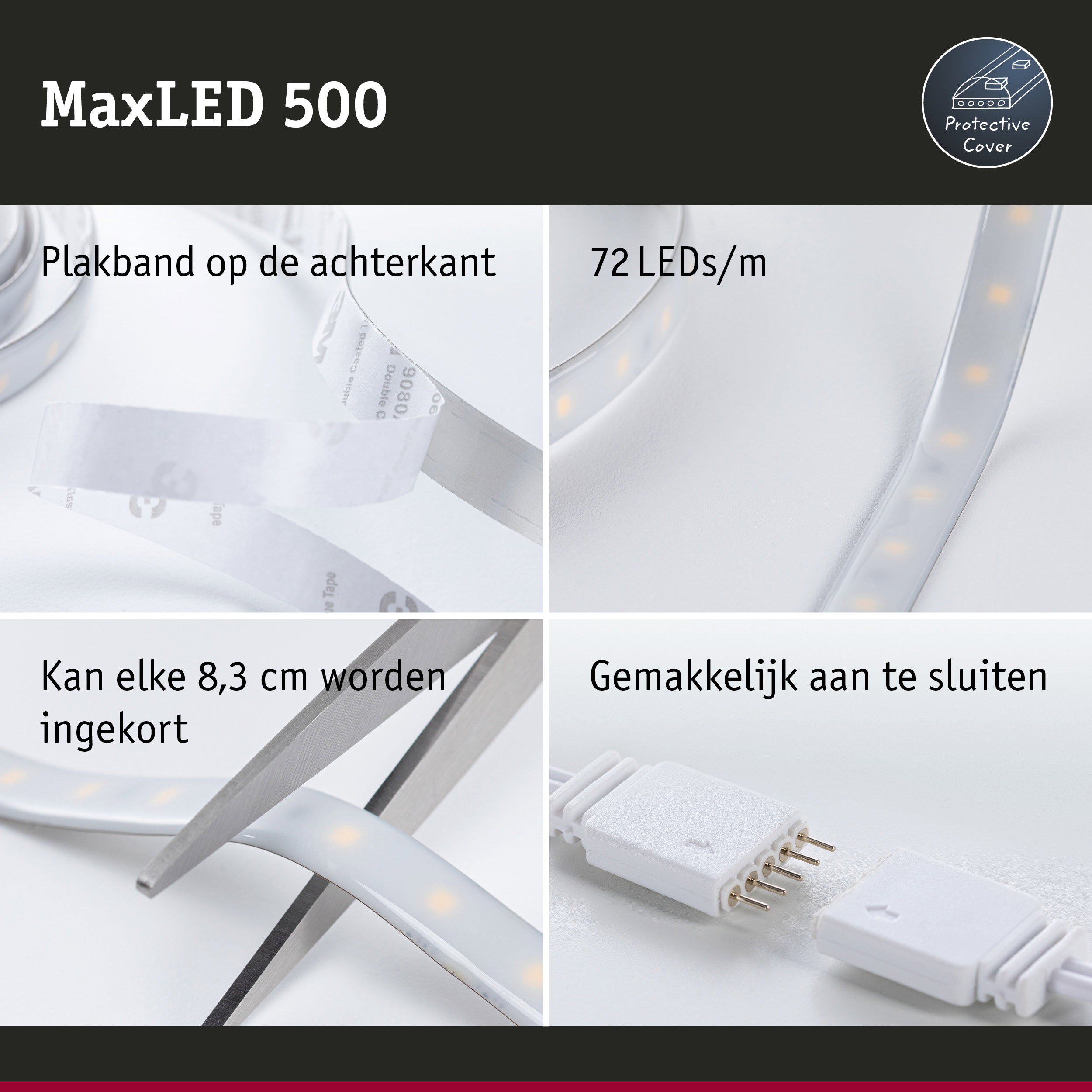 MaxLED 500 LED-strip met beschermhoes, 72 LEDs per meter, zelfklevend en in te korten