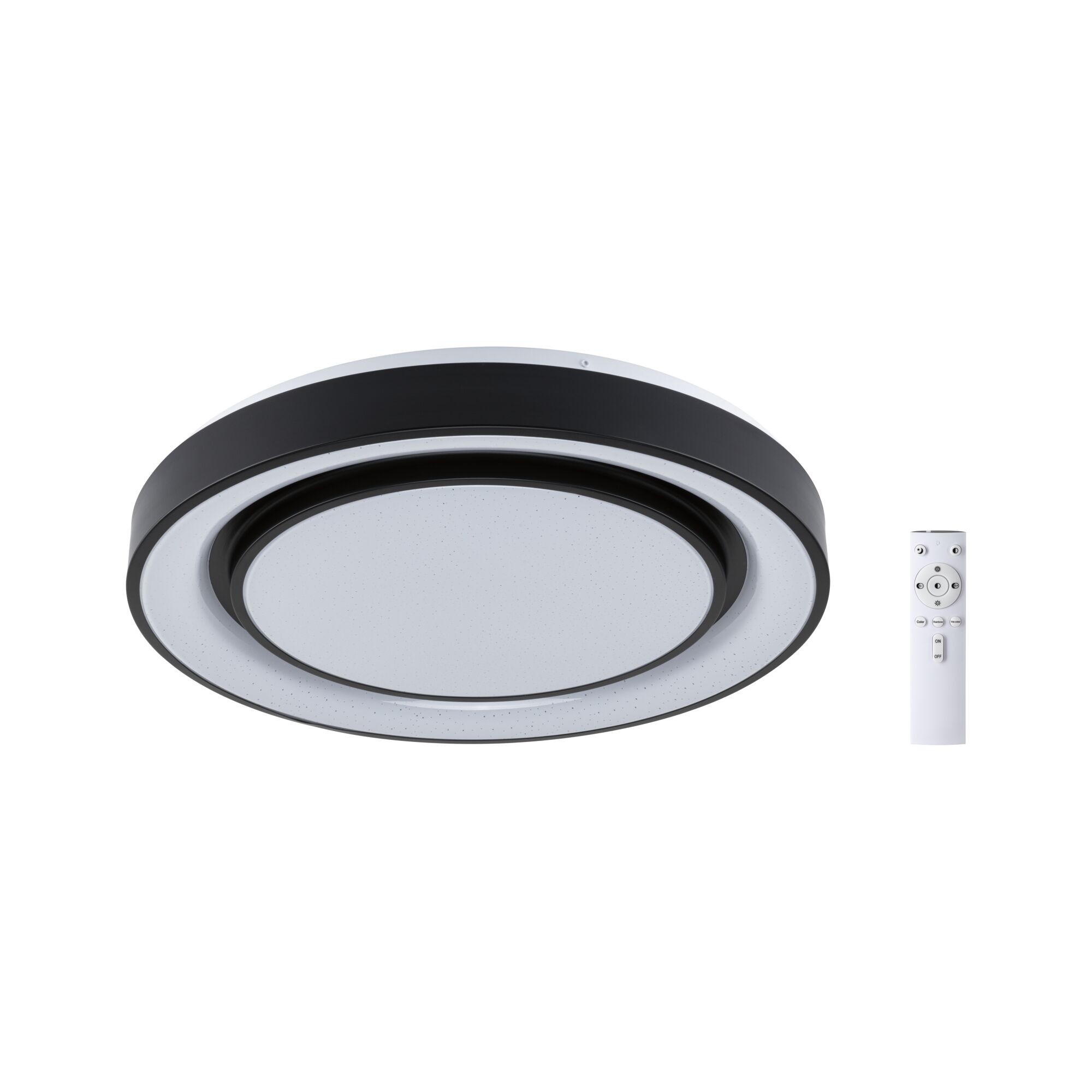 Rund sort-hvid LED-loftlampe med fjernbetjening, moderne design til opholdsrum.