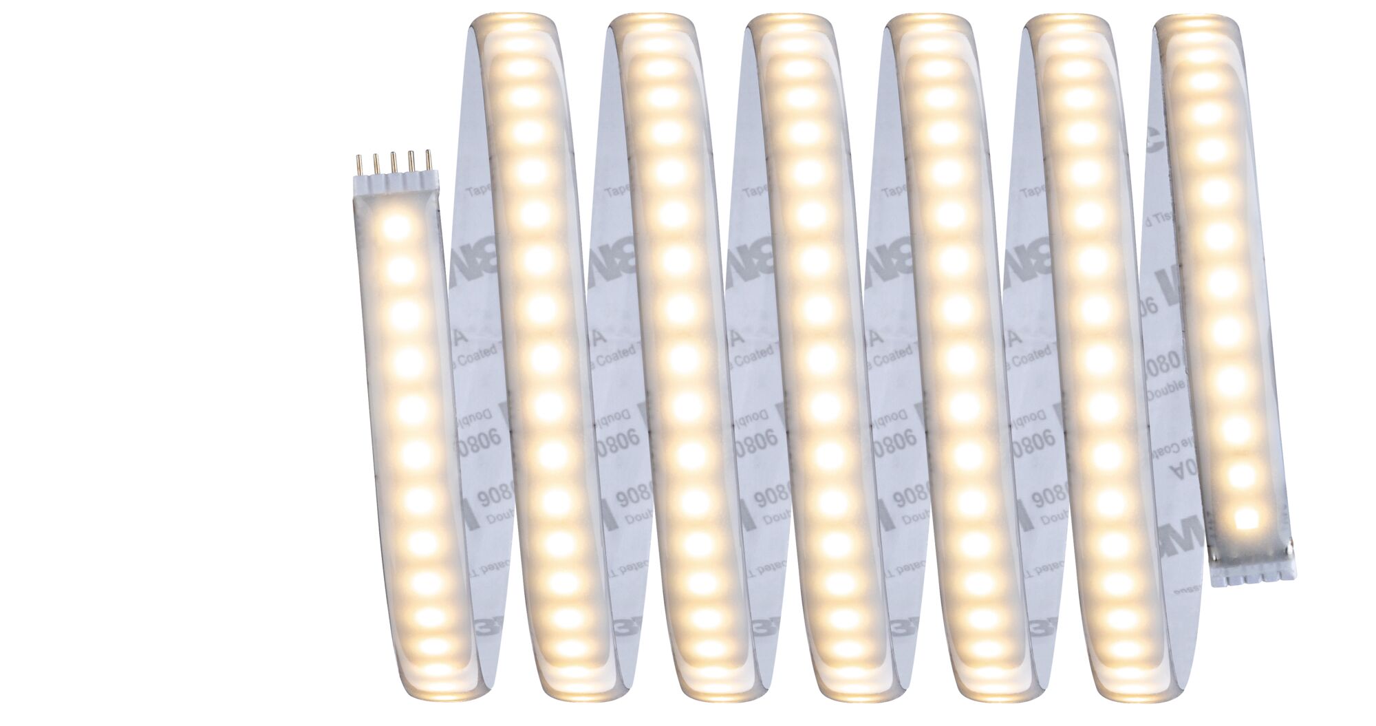 Flexible LED strip light with warm white glow and adhesive backing for versatile lighting solutions.