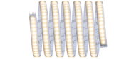 Flexible LED strip light with warm white glow and adhesive backing for versatile lighting solutions.