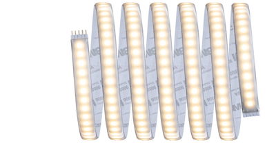 Flexible LED strip light with warm white glow and adhesive backing for versatile lighting solutions.