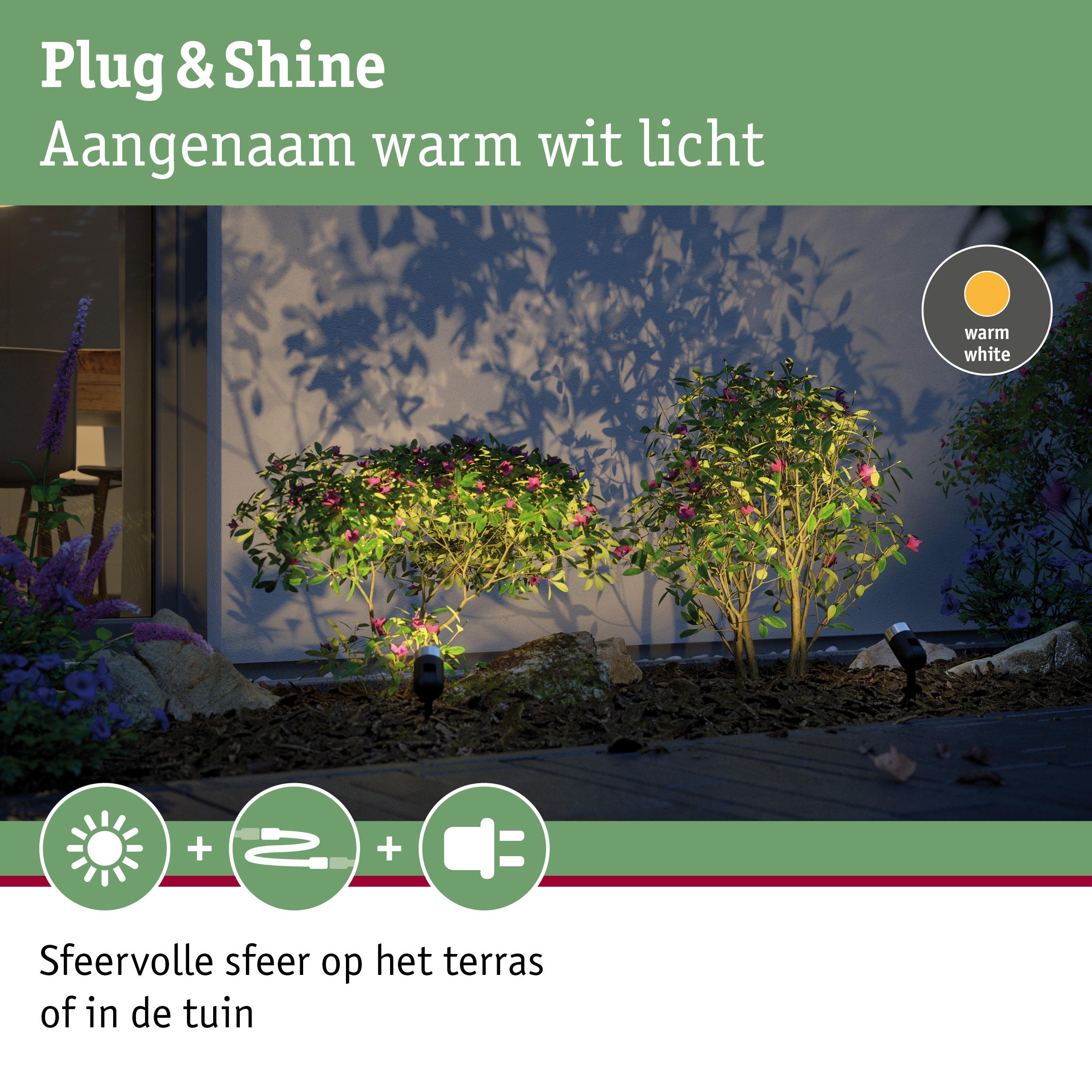 Buitenlampen met warm wit licht verlichten groene struiken bij muur voor sfeervolle tuinverlichting