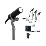 Set mit drei schwarzen LED-Gartenstrahlern aus Metall mit Erdspießen und Anschlusskabel für Außenbeleuchtung