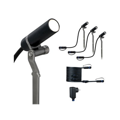 Set mit drei schwarzen LED-Gartenstrahlern aus Metall mit Erdspießen und Anschlusskabel für Außenbeleuchtung