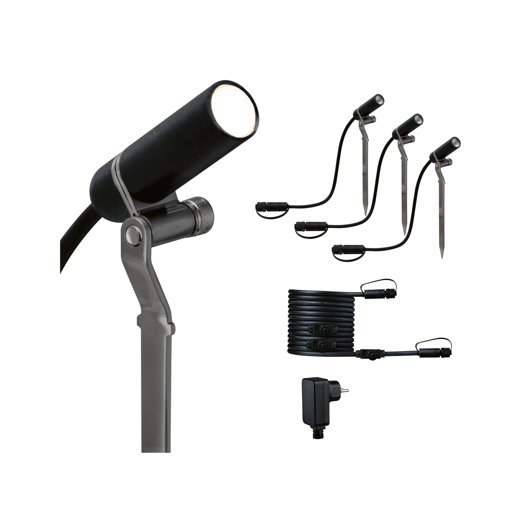 Plug & Shine Projecteur de jardin LED Plantini Kit de base Kit de base IP65 3000K 3x2W 21VA Anthracite Ensemble de projecteurs LED de jardin noirs avec piquets, câble et adaptateur pour éclairage extérieur.