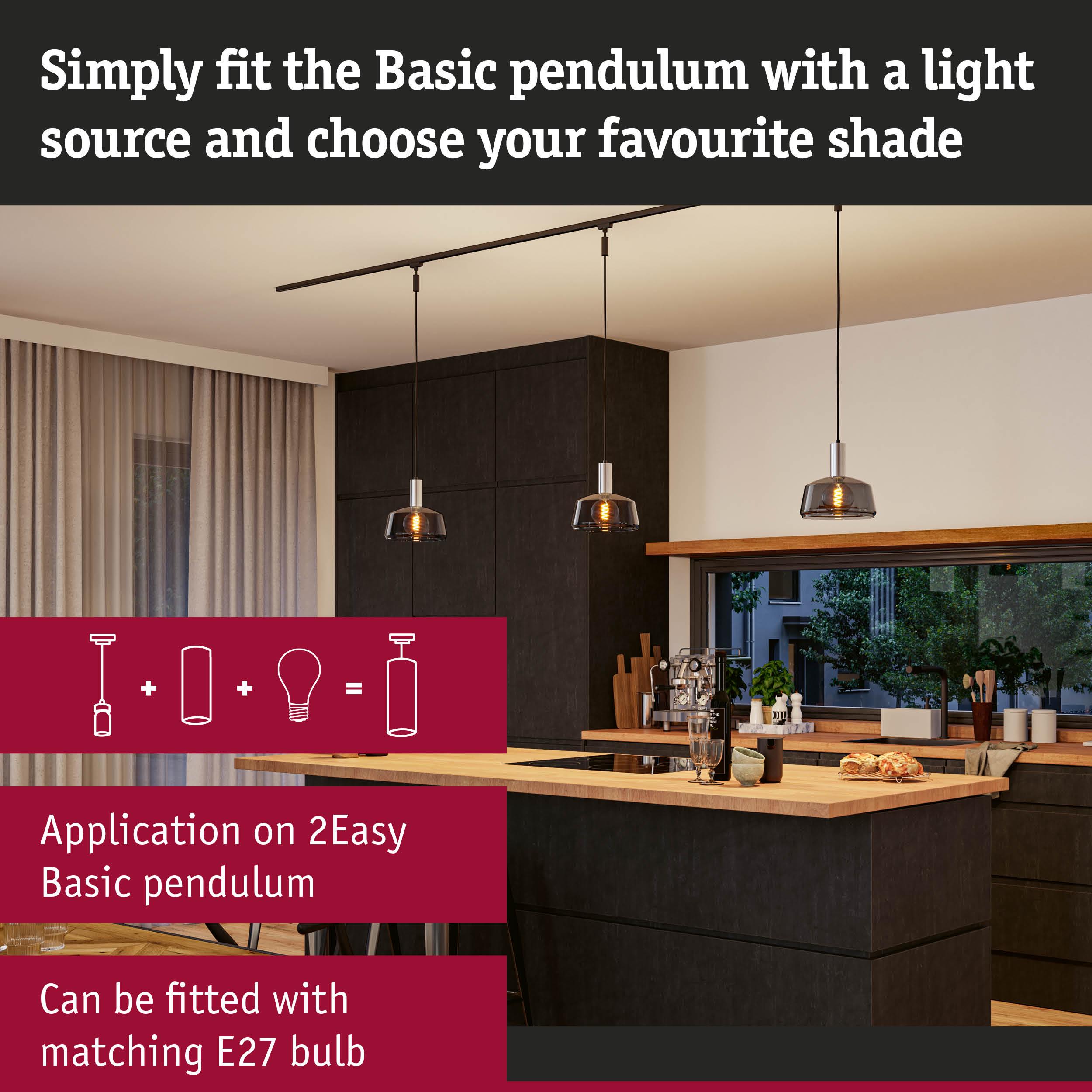 Modern kitchen with Basic Pendulum pendant lights in smoked glass and E27 LED bulbs for stylish lighting