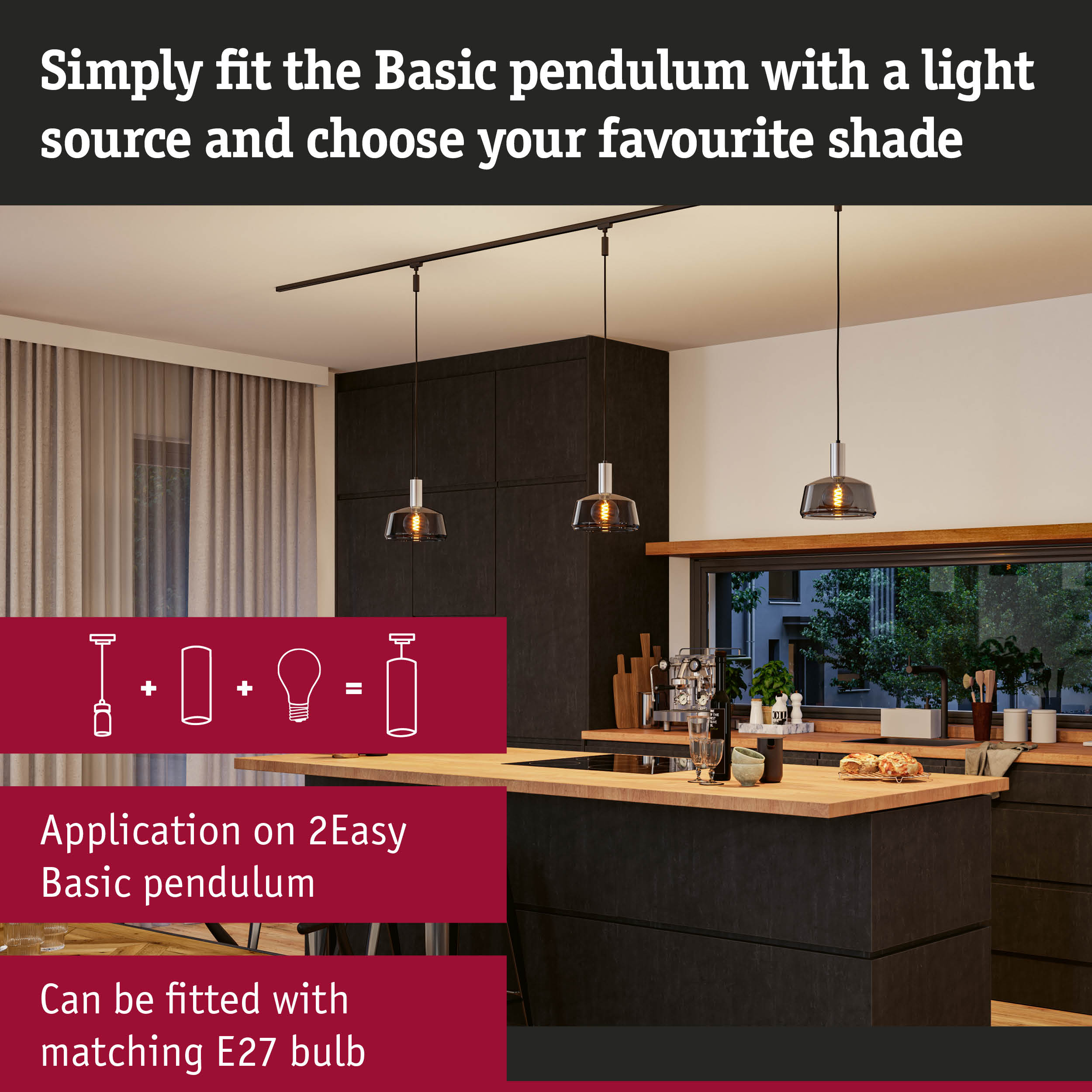 Modern pendant lights with smoked glass and E27 LED bulbs in stylish kitchen setting