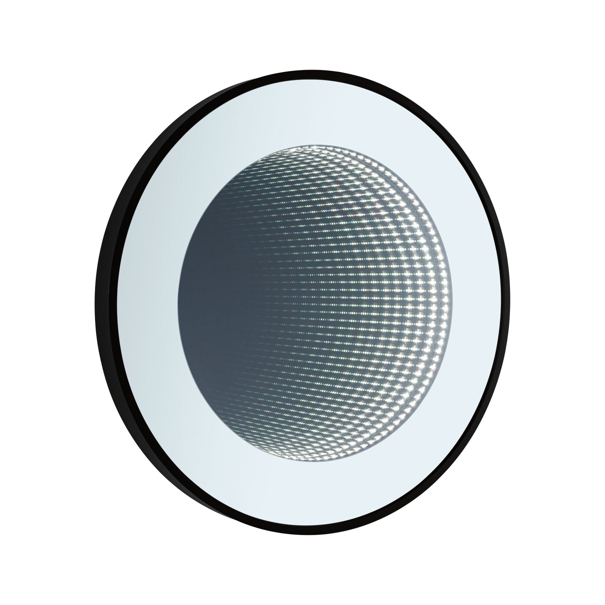 Round LED mirror light with black frame and infinity effect for modern bathroom lighting