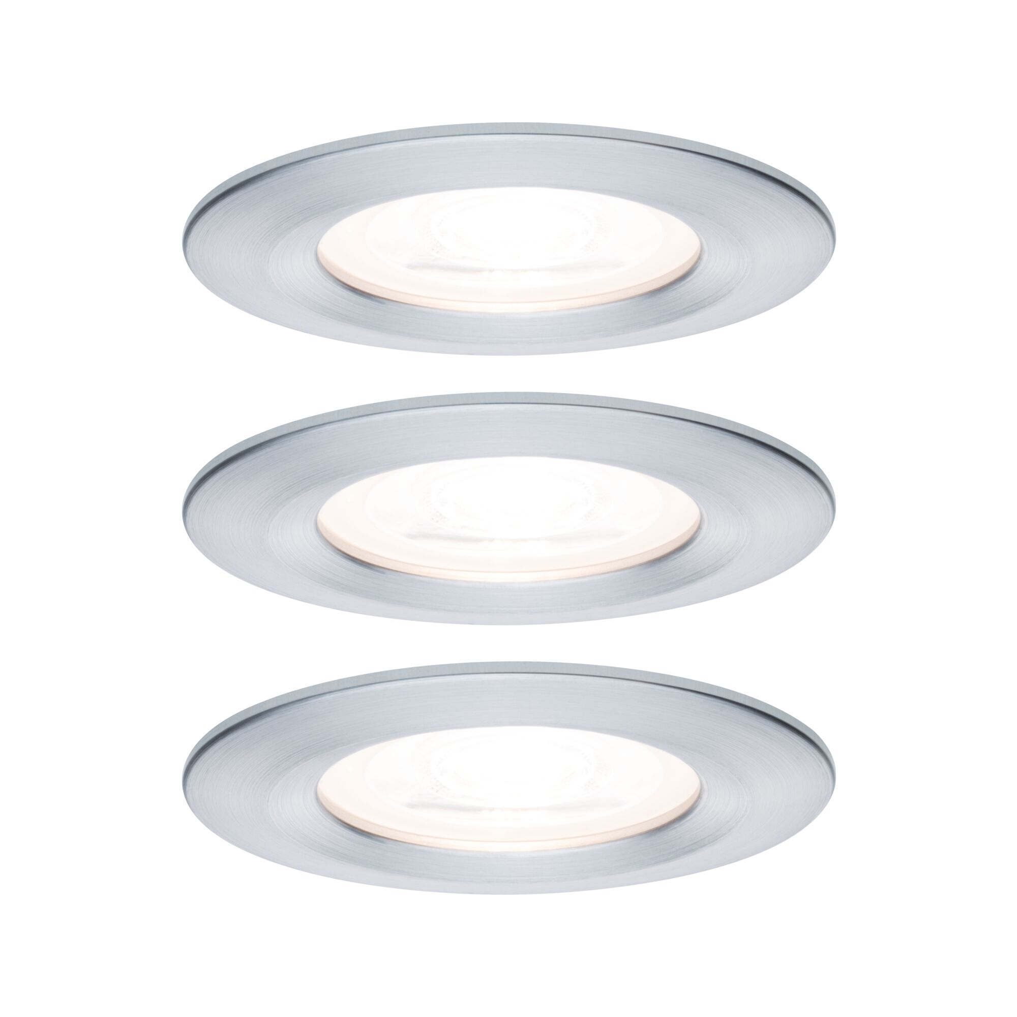 Drei runde LED-Einbaustrahler aus gebürstetem Aluminium in Silber für moderne Raumbeleuchtung