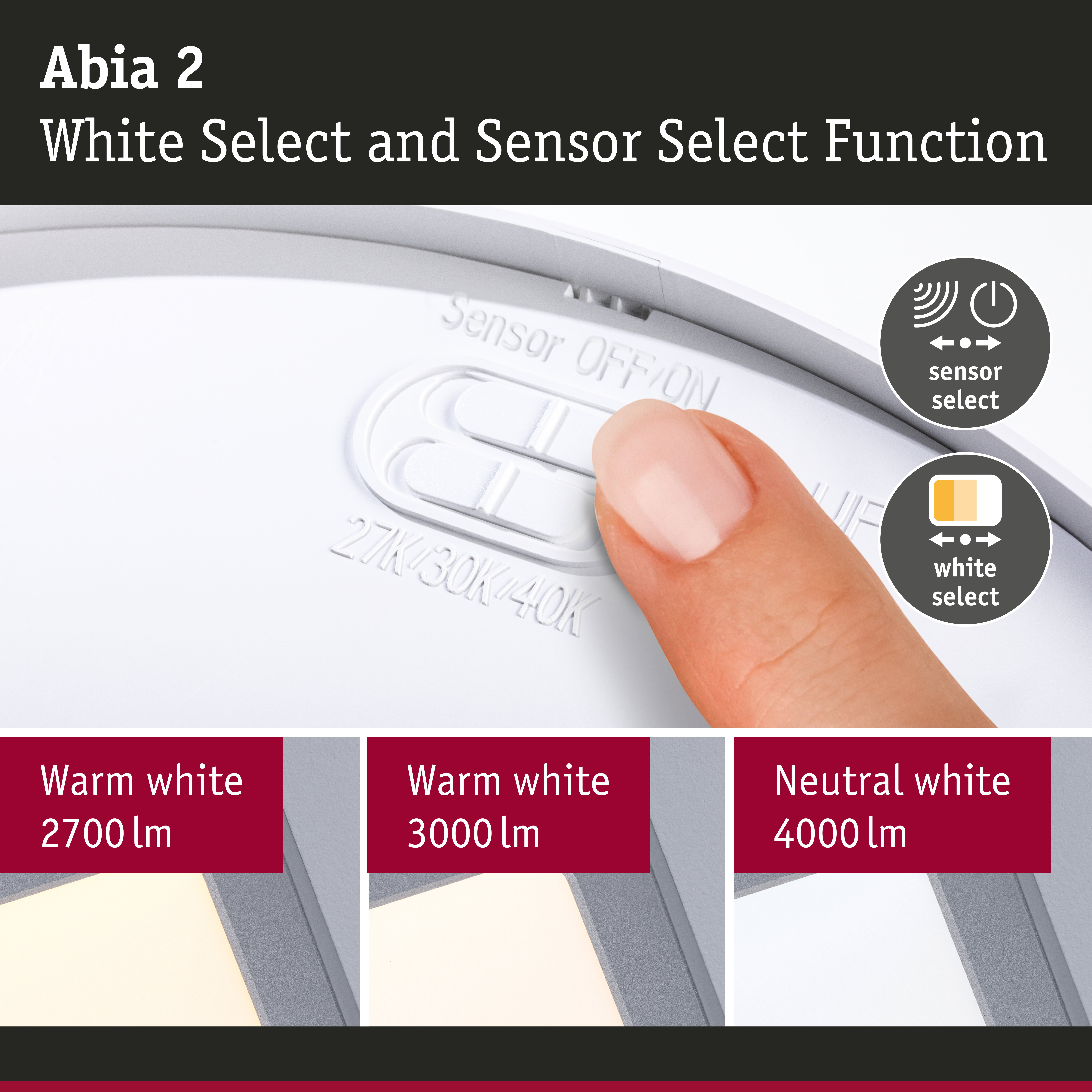 LED Panel Abia 2 White Select Twilight-controlled motion detector (HF) angular 300x300mm 14W 900lm 2700 - 4000K Chrome matt
