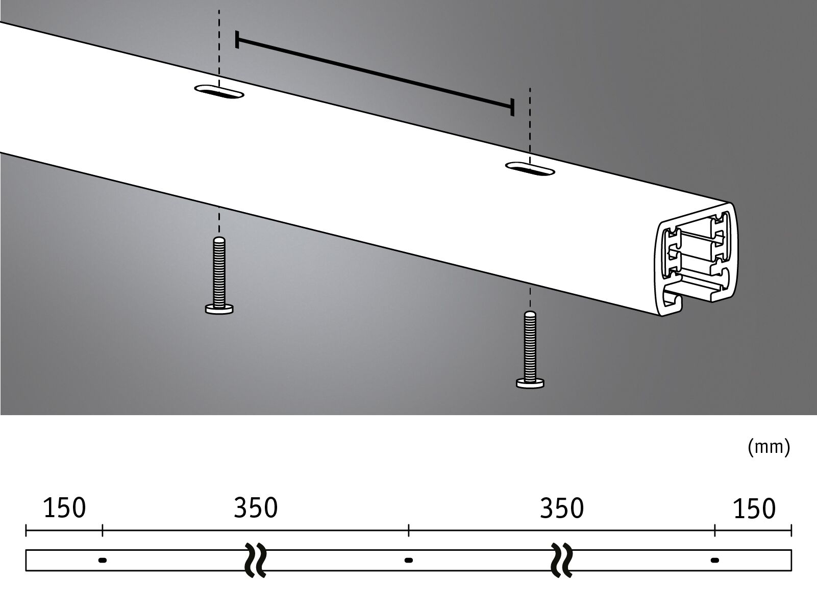 Technical drawing of white aluminium profile with screws and measurements in millimetres