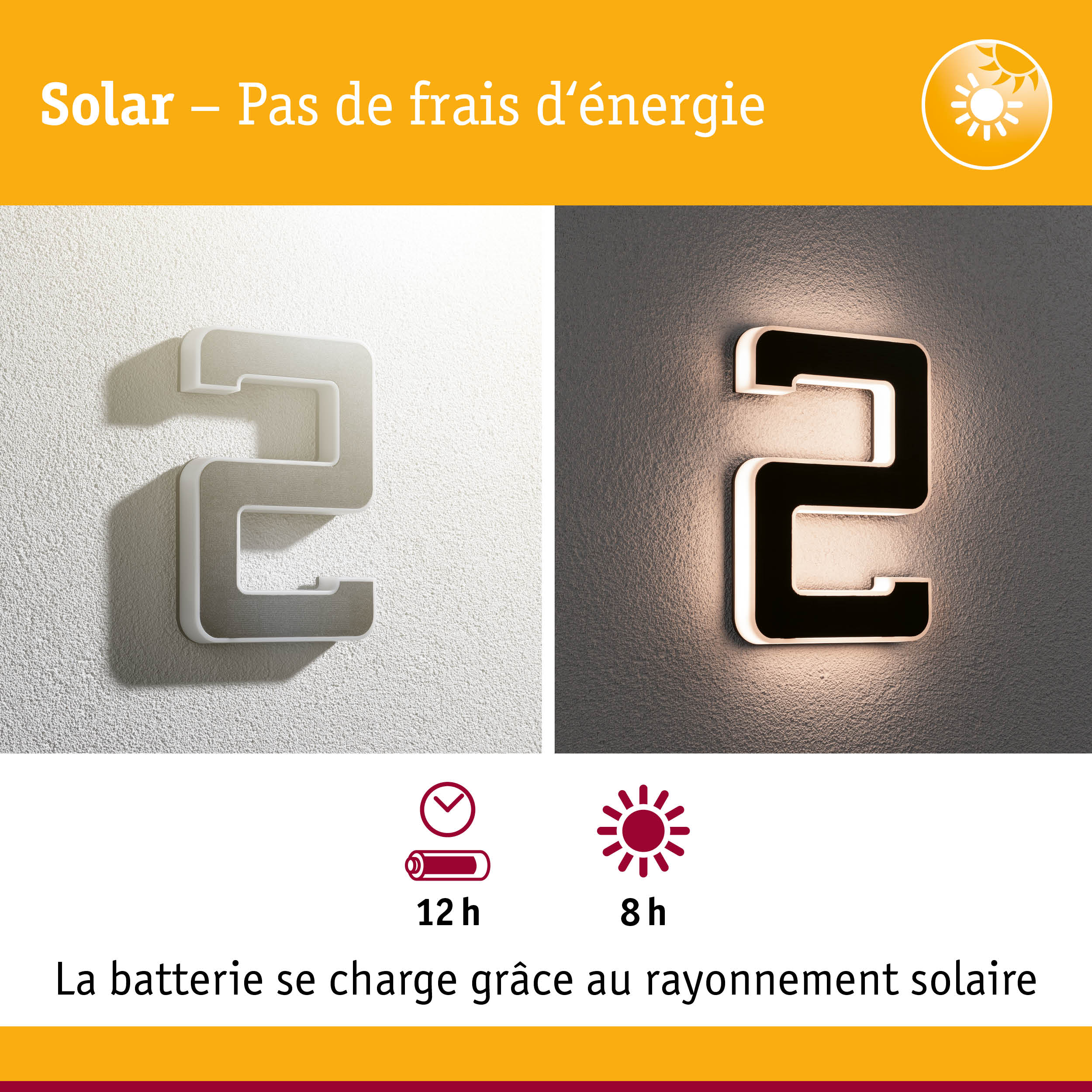 Applique murale LED solaire en blanc et noir avec autonomie de 12 heures et charge solaire de 8 heures