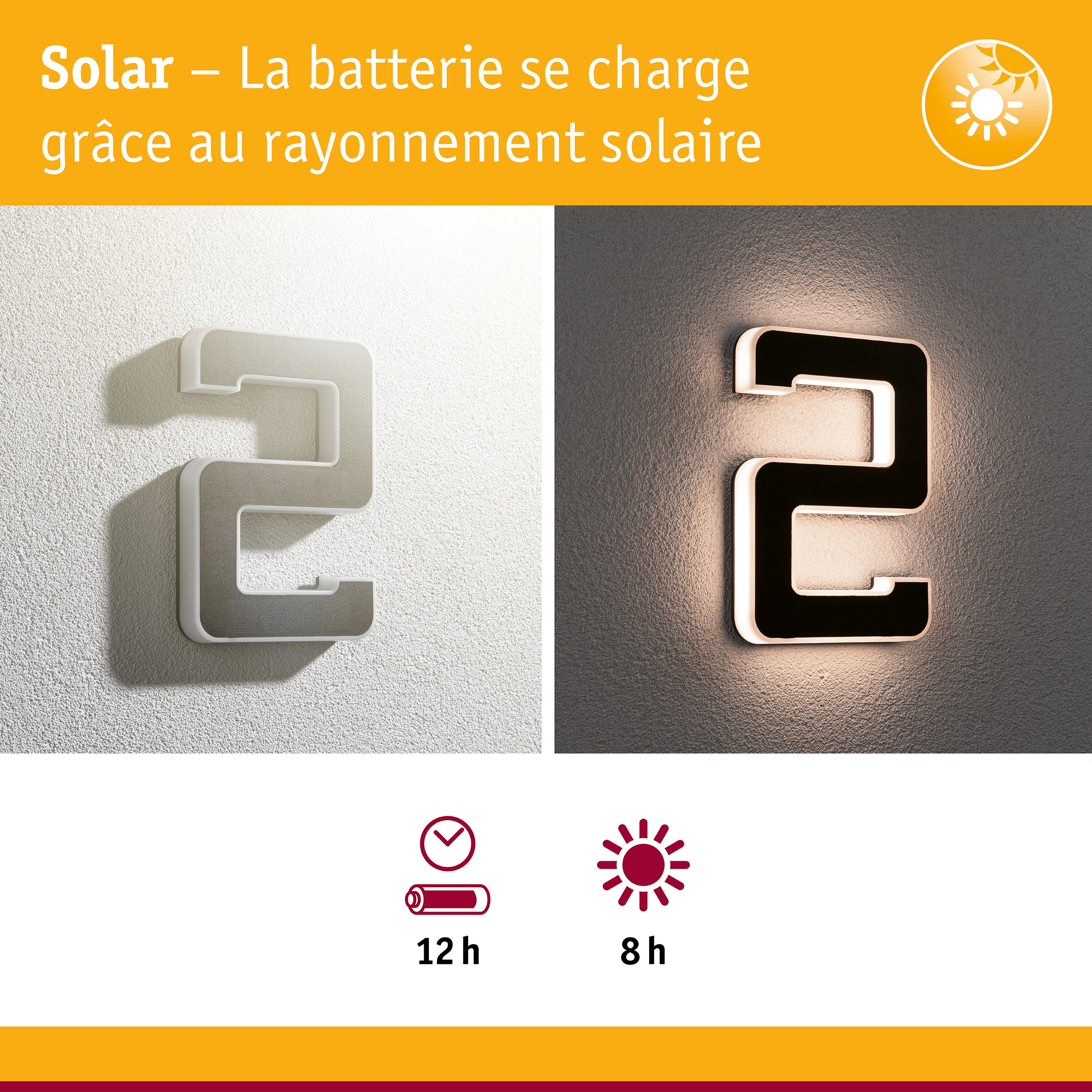 Applique murale LED solaire en blanc et noir avec autonomie de 12 heures et charge solaire de 8 heures