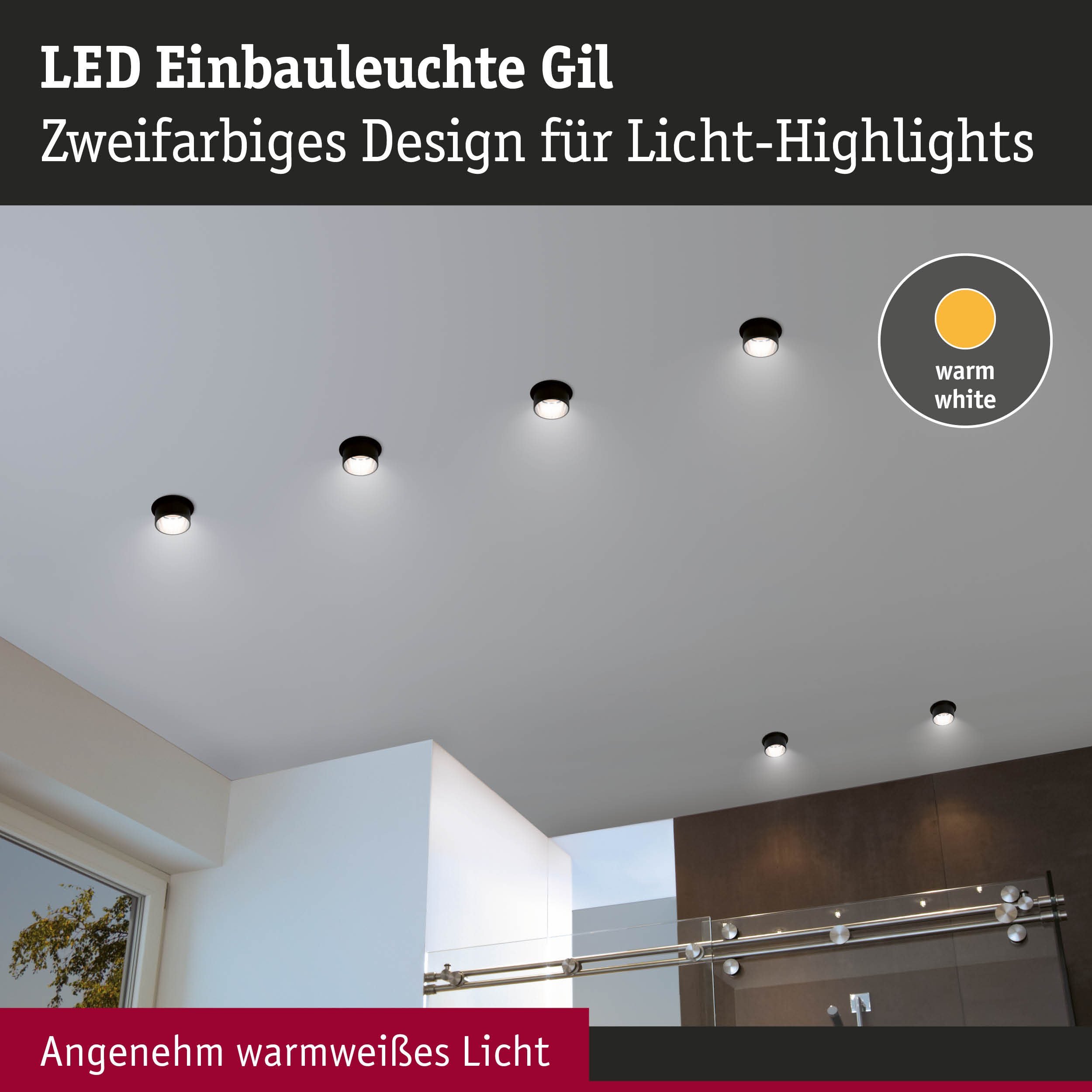 LED Einbauleuchte Gil in Schwarz mit warmweißem Licht für moderne Raumbeleuchtung