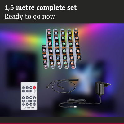 1.5 metre LED strip light set with remote and power adapter for colorful ambient lighting