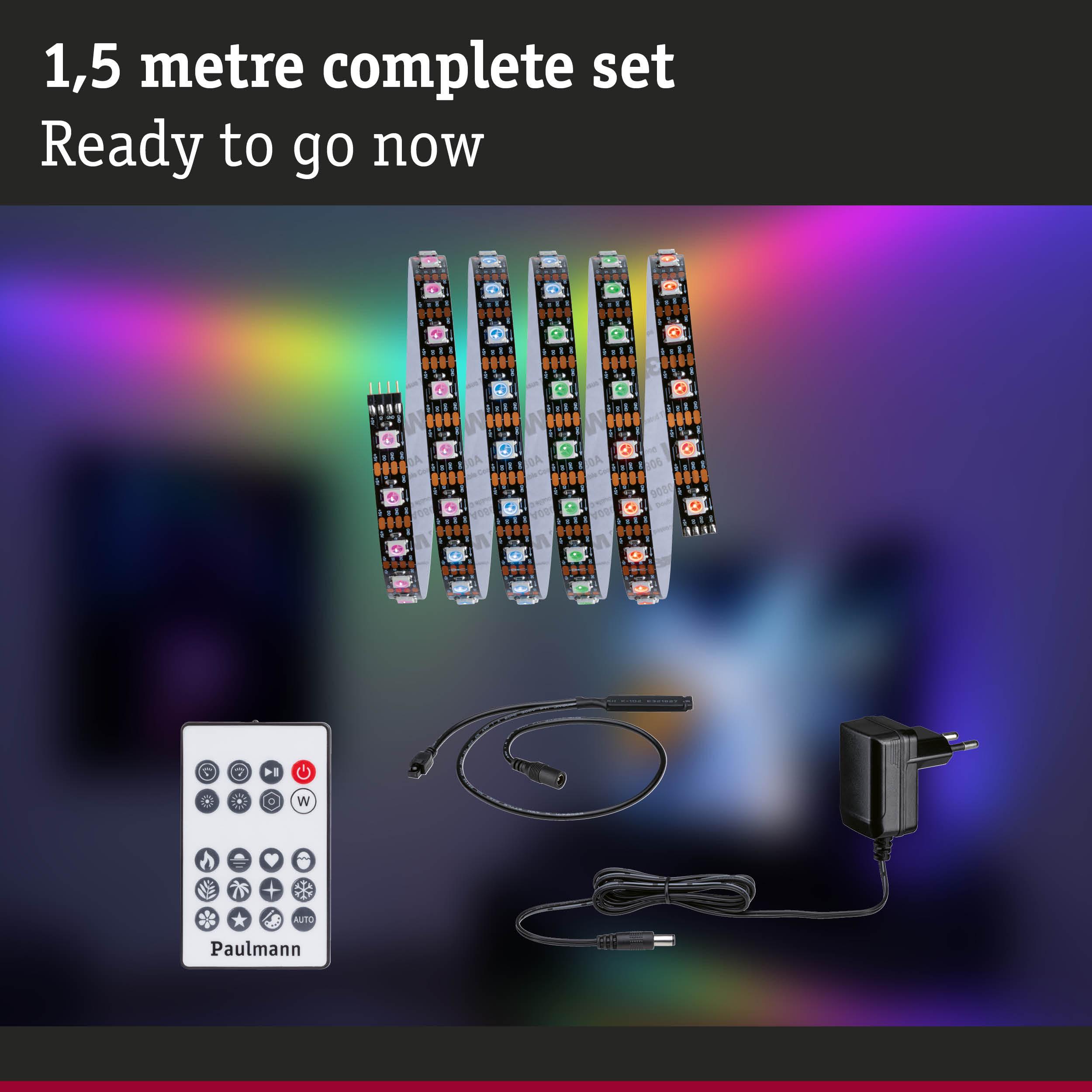 1.5 metre LED strip light set with remote and power adapter for colorful ambient lighting