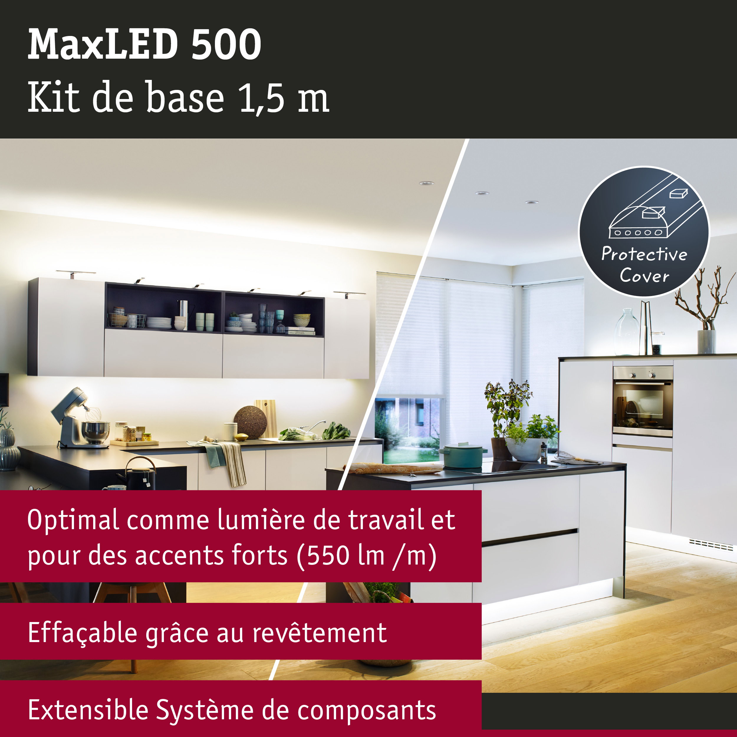 Kit d'éclairage MaxLED 500 1,5 m avec protection pour un éclairage de travail lumineux en cuisine moderne