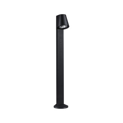 Modern black metal outdoor bollard with adjustable LED spotlight for garden lighting