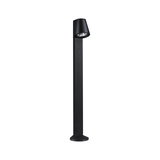 Modern black metal outdoor bollard with adjustable LED spotlight for garden lighting