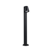 Modern black metal outdoor bollard with adjustable LED spotlight for garden lighting
