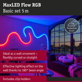 MaxLED Flow RGB 5m LED strip in red and blue for flexible wall lighting with clip holders