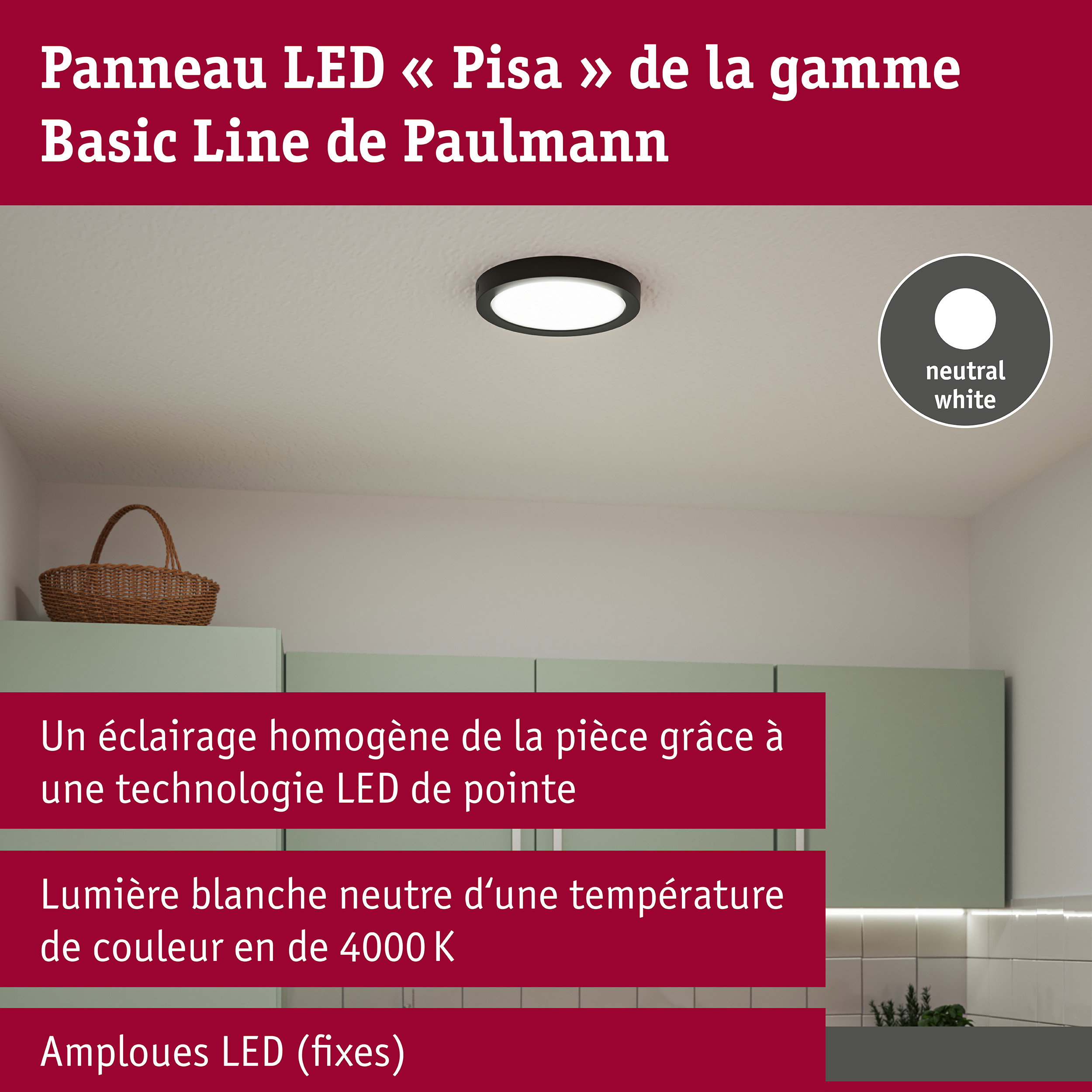 Panneau LED Pisa 4000K 290mm 1800lm 17W Noir mat
