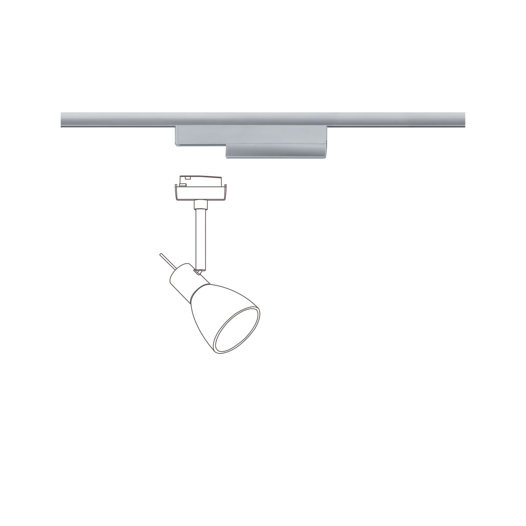 Sketch of silver LED spotlight attachment for track lighting with adjustable lamp head