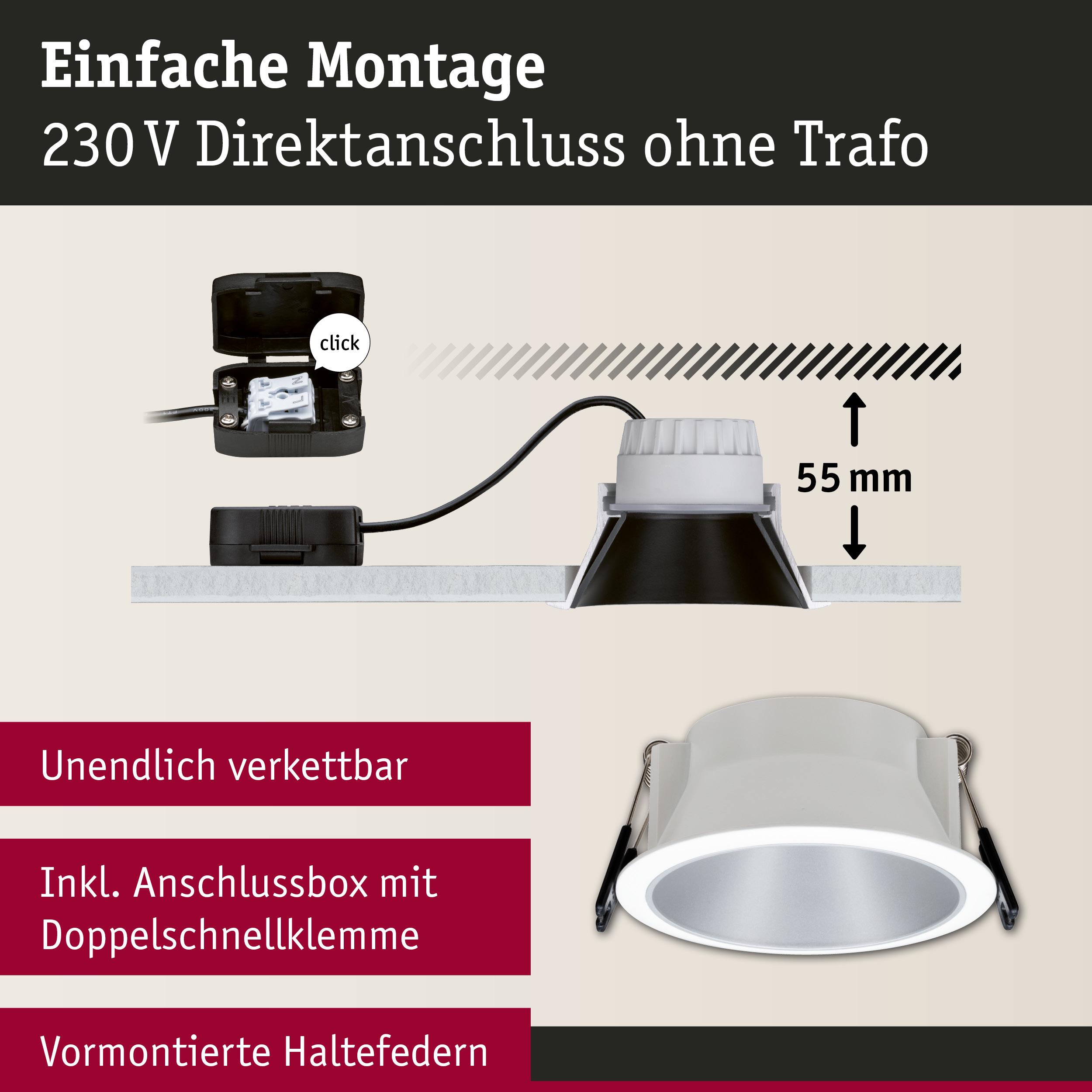 Einbau-LED-Downlight in Weiß mit 55 mm Einbautiefe und Anschlussbox für einfache 230V Direktmontage