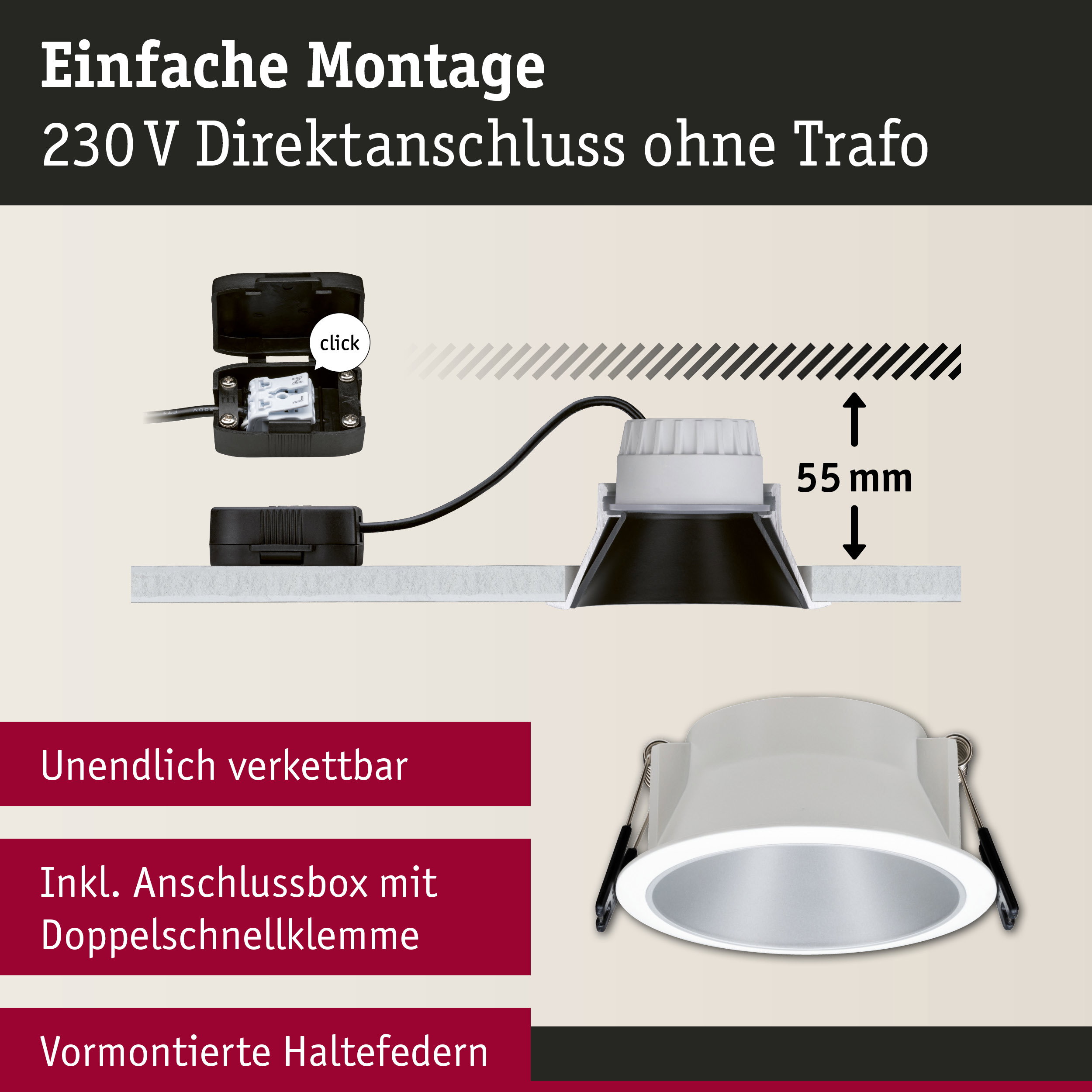 Weißer Einbaustrahler mit Anschlussbox und Doppelschnellklemme für 230V Direktanschluss ohne Trafo