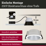 Weißer Einbaustrahler mit Anschlussbox und Doppelschnellklemme für 230V Direktanschluss ohne Trafo