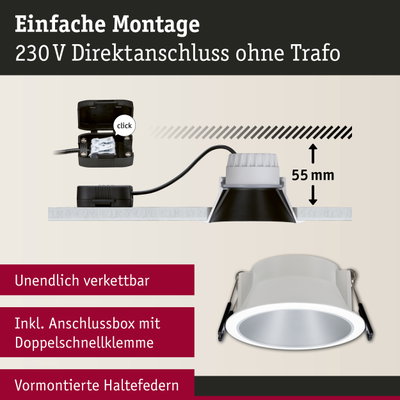 Weißer Einbaustrahler mit Anschlussbox und Doppelschnellklemme für 230V Direktanschluss ohne Trafo