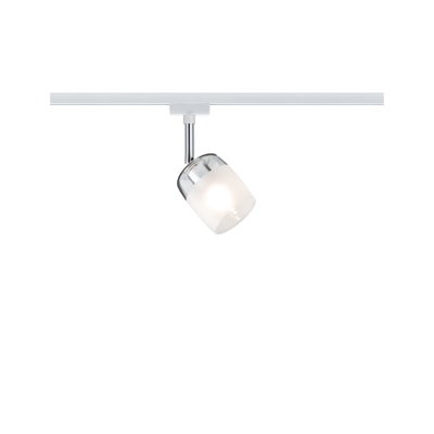 Moderner weißer LED-Strahler mit Glasdiffusor und Chromstange für Schienensystembeleuchtung