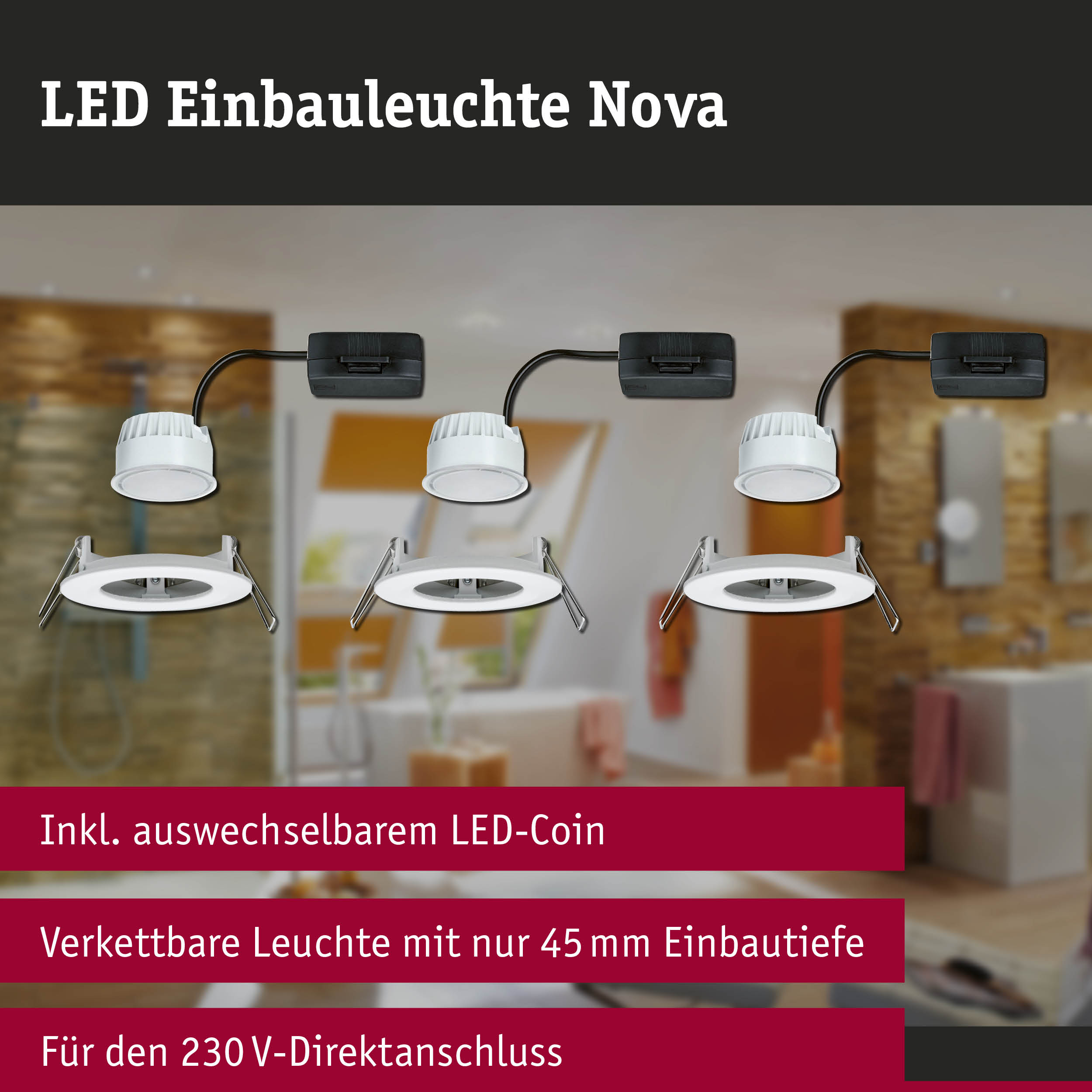 LED Einbauleuchte Nova in Weiß mit schwarzem Anschlusskabel, vernetzbar und 45 mm Einbautiefe