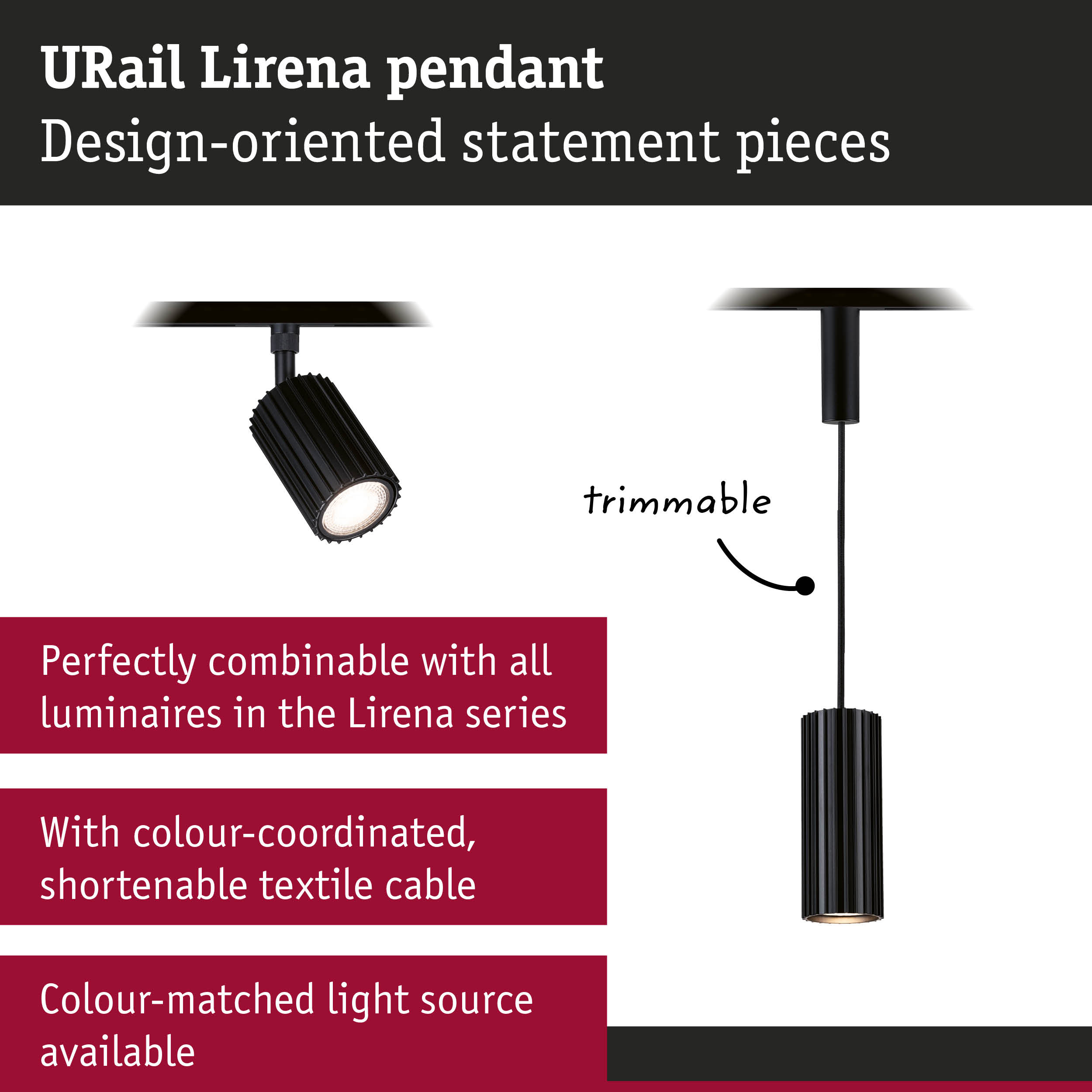 Black metal URail Lirena pendant light with adjustable textile cable and LED light source