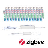 Meerkleurige LED-strip met witte voeding en Zigbee-module voor slimme verlichting.