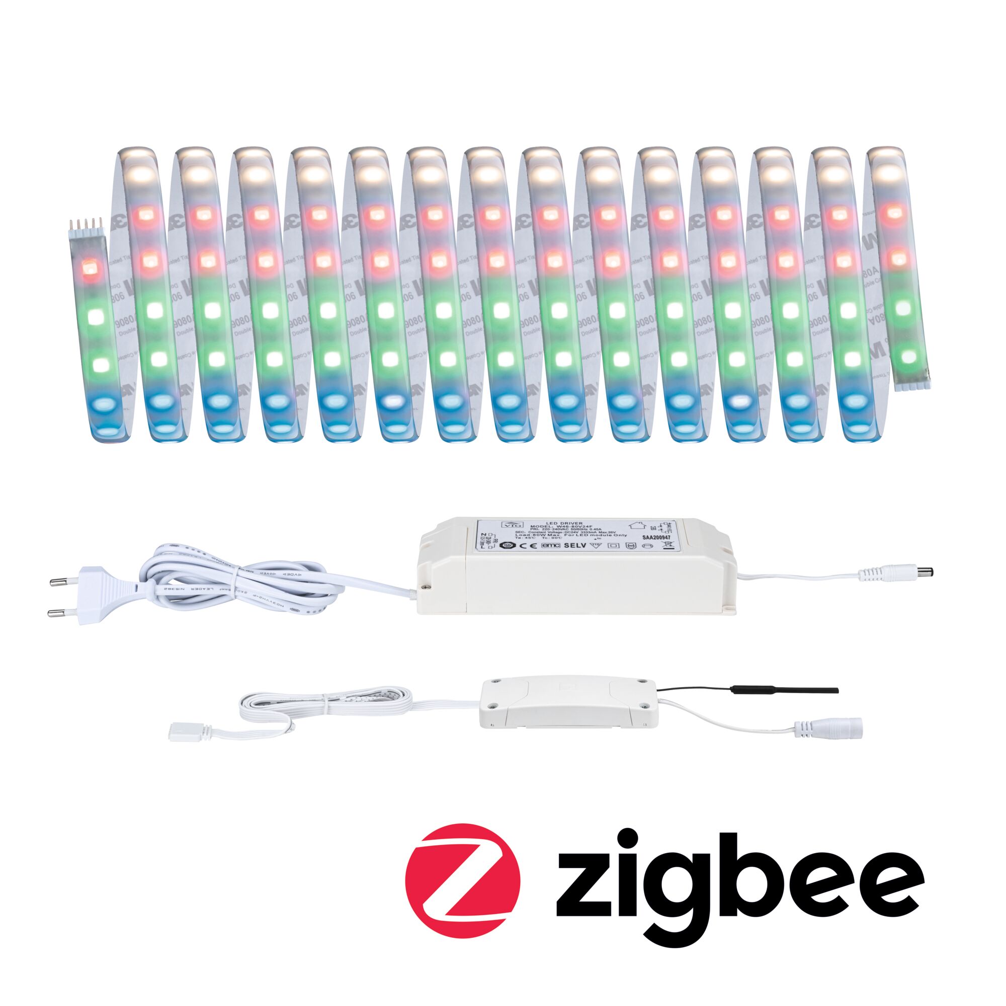 Bande LED multicolore avec alimentation blanche et module Zigbee pour éclairage intelligent.